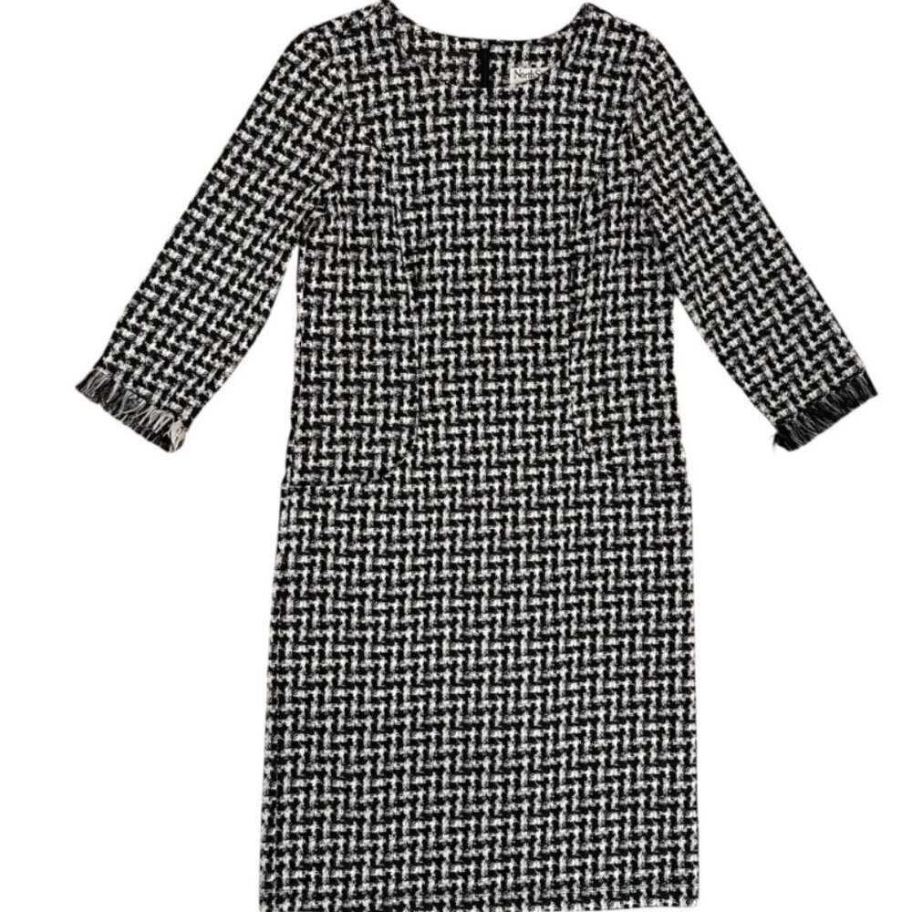 Women's 6 Black White Classic Career Business 3/4 Sleeve Stretch Midi Dress